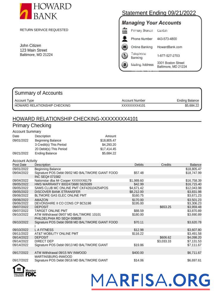 Blank USA Howard bank statement word real example
